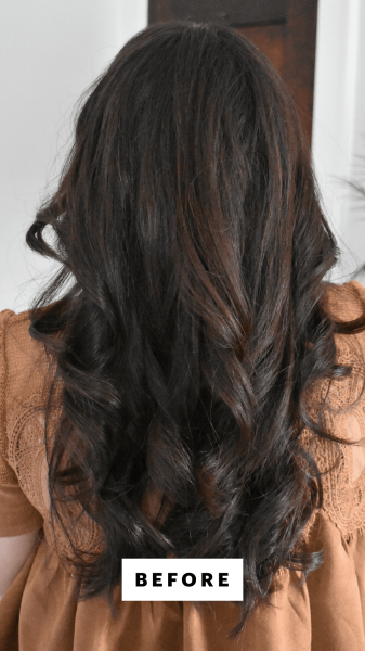 The back of Lee's hair before applying the Moroccanoil Treatment Mist